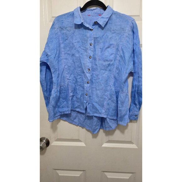 Light Blue Button-Up Long Sleeve Hi -Lo Women's Linen Shirt Size S - Picture 6 of 6